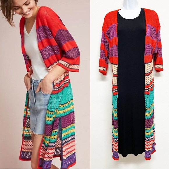 Cecilia Prado Womens Colorful Boho Striped Midi Length Knitted Kimono Size M - Picture 1 of 5